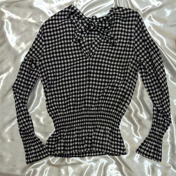 H&M Women's US Medium-Large Gingham Checkered Black/White Ruffled Peplum Blouse - Picture 1 of 8